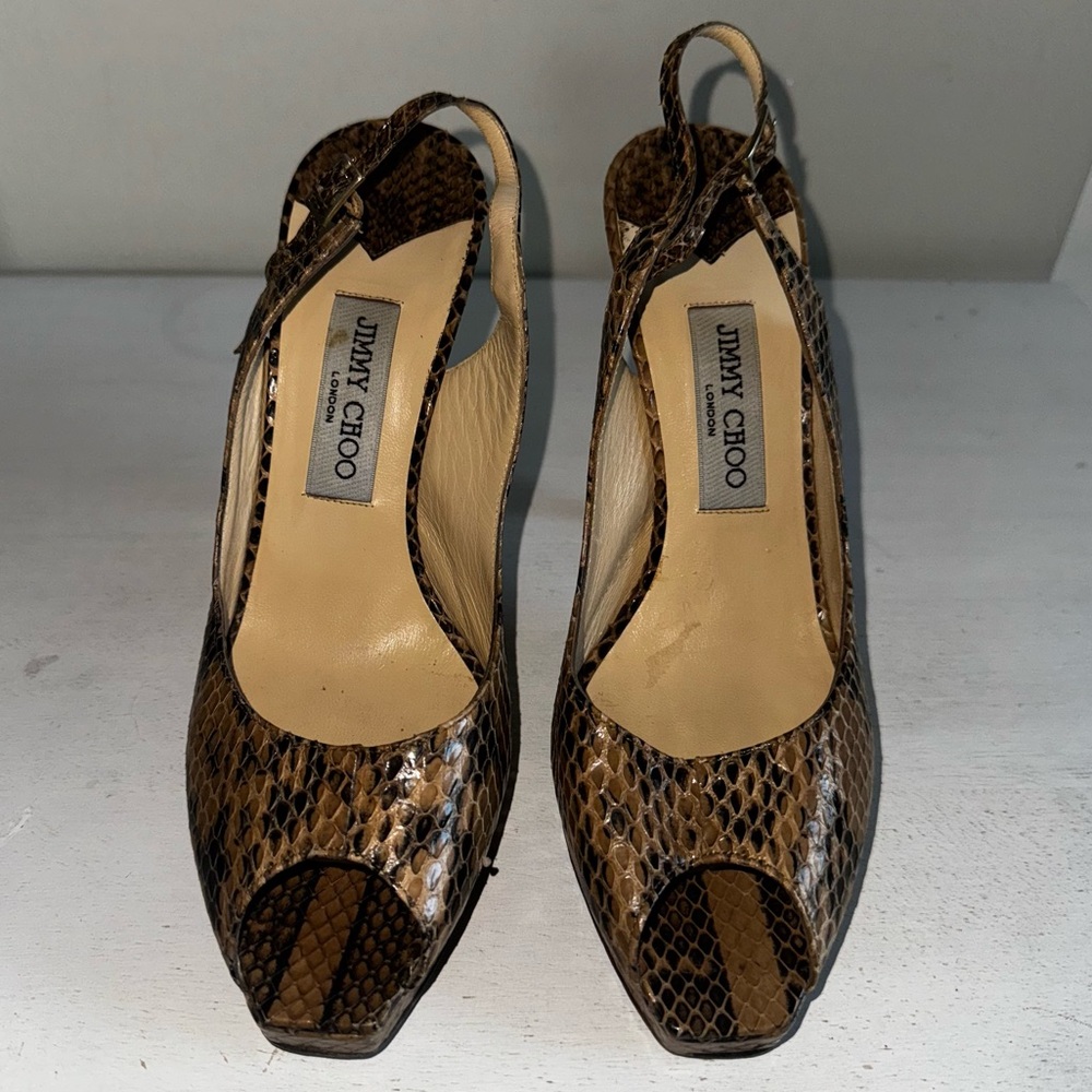 Jimmy Choo Vintage Snakeskin Leather Peep Toe Platform Slingback Pump Heels - Picture 4 of 14